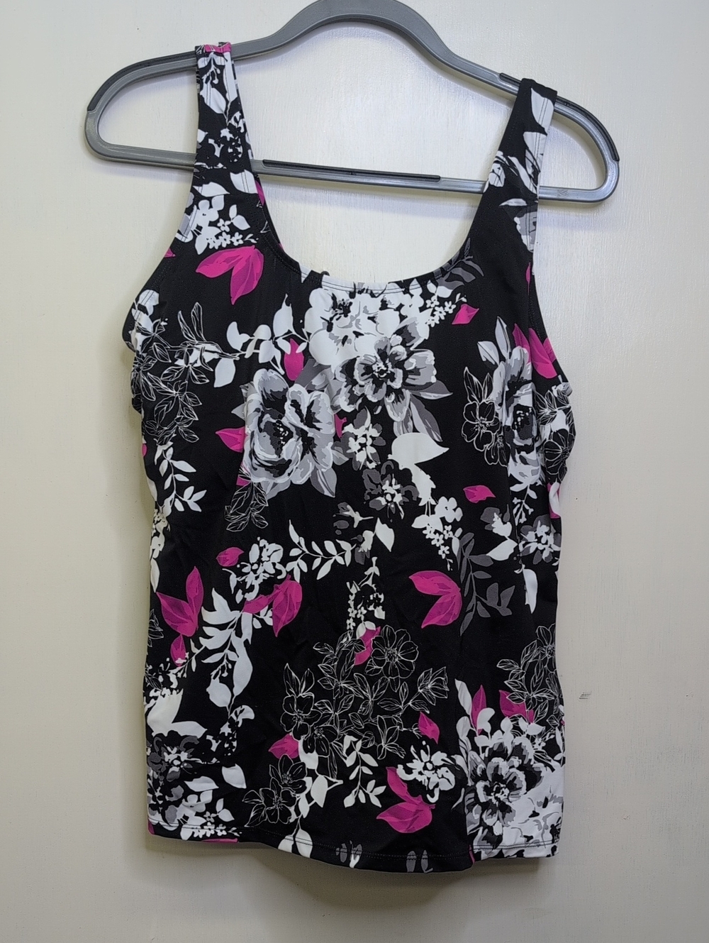 Swimsuits For All Black Floral Tank Top with Pink Accents